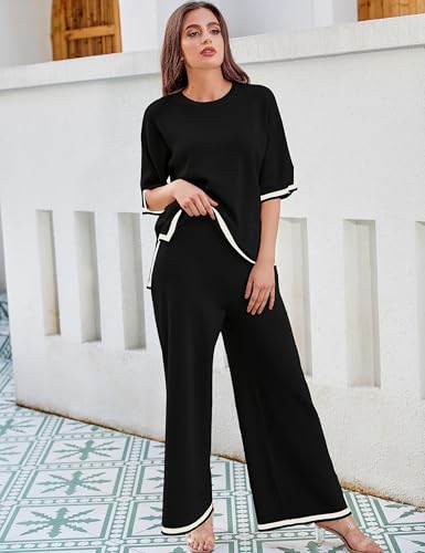 Image of Tanming Sweater Sets Women 2 Piece Lounge Sets Short Sleeve Knit Pullover Tops Wide Leg Pants