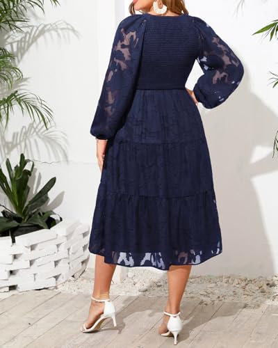 Pinup Fashion Plus Size Fall Wedding Guest Dress - Long Sleeve V Neck Floral Lace Smocked Flowy Tiered Midi Dress2