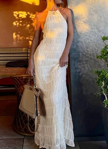 Women's Sexy Halter Neck Backless Pleated Maxi Dress Sleeveless Smocked Casual Boho Beach Vacation Flowy Sundresses2