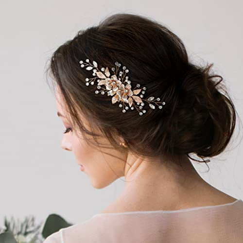 Sweetv Flower Bride Wedding Hair Comb Pearl Bridal Hair Accessories Crystal Hair Piece Jewelry Leaf Gold Headpiece Rhinestones Handmade Wedding Hair Accessories For Women And Girls #TOP2