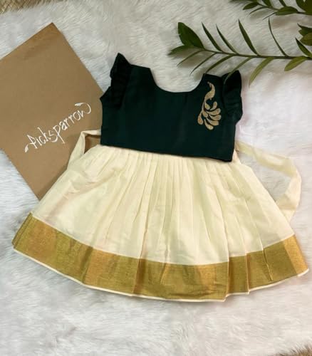 Image of Picksparrow Baby Girl Kerala Kasavu Cotton Dress (Peacock)