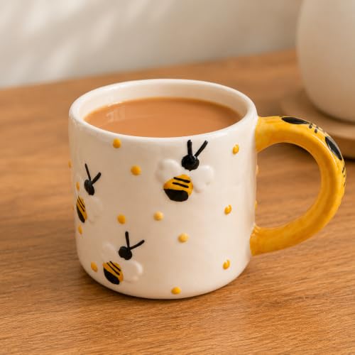 Image of Niyara Stoneware Handmade Premium Ceramic Tea Cups and Coffee Mugs Set of 2 (Bee Design Printed)
