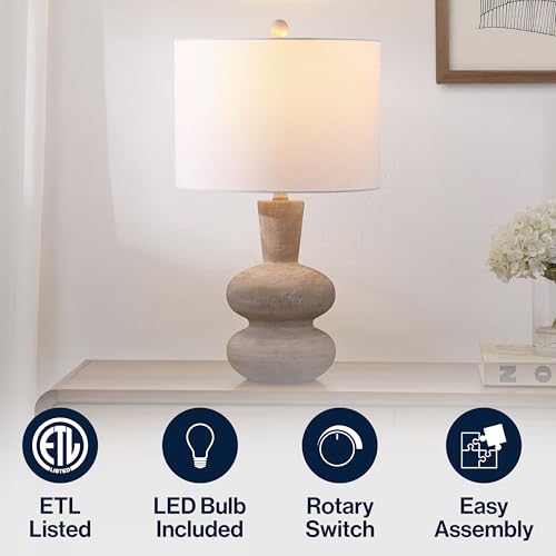 JONATHAN Y 24" Antique Brown Modern Minimalist Sculptural Oak-Grain Resin LED Table Lamp for Living Room Bedroom, White Linen Drum Shade, LED Bulb Included JYL5708A by JONATHAN Y - Image 5