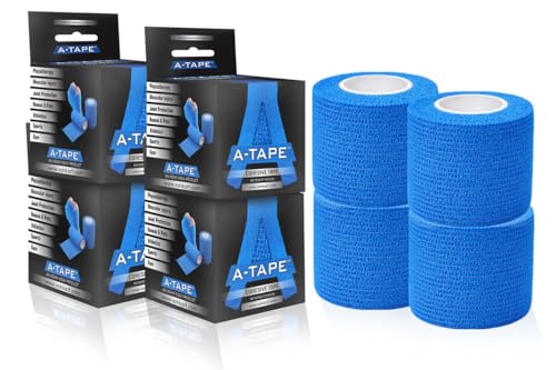 Image of A-Tape Breathable Self Adhesive Cohesive Bandage Wrap - Athletic Non-Woven for Sports, Medical Use, Injuries, Knee & Wrist Support - Suitable for Humans & Pets (Blue, 5cm Pack Of 4)