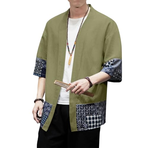 Image of PRIJOUHE Men's Kimono Jackets Cardigan Lightweight Casual Cotton Blends Linen Seven Sleeves Open Front Coat Outwear