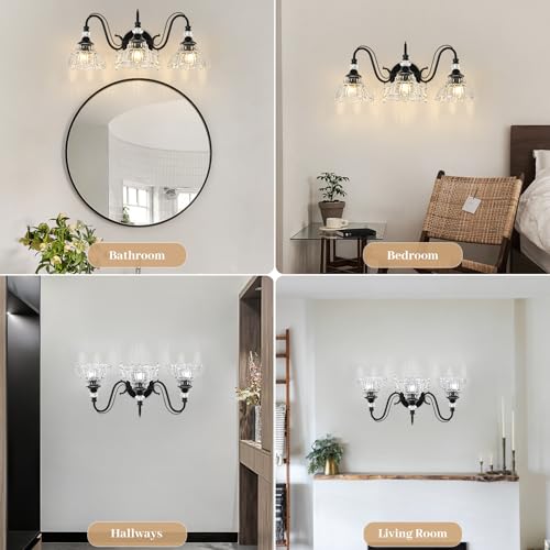 Image of Black Bathroom Vanity Light, 3-Light Matte Black Finish Farmhouse Wall Sconce with Hanging Crystal Accents and Flower-Shaped Clear Glass Shades, Retro Wall Mount Vanity Light Over Mirror for Bathroom