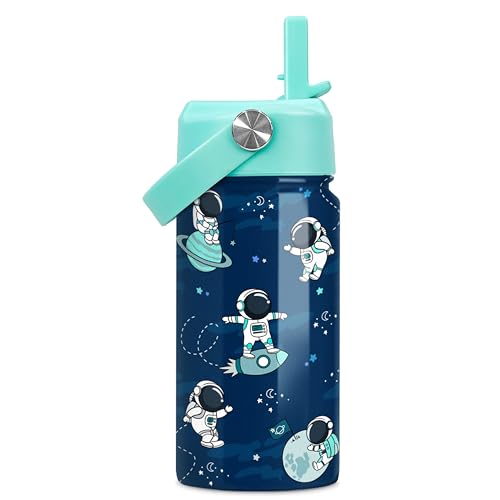Image of SANDJEST Astronaut Water Bottle - Kids Water Bottle with Straw Lid - 12 Oz Insulated Stainless Steel Water Bottles for Kid Boys - Travel Cup for School Sports