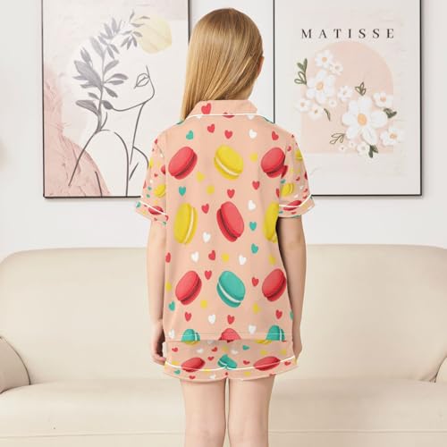 Satin Pajama Sets Short Sleeve Macarons Hearts and Pastels Button Down Silky Nightwear 2 Piece PJS 5-14Y4