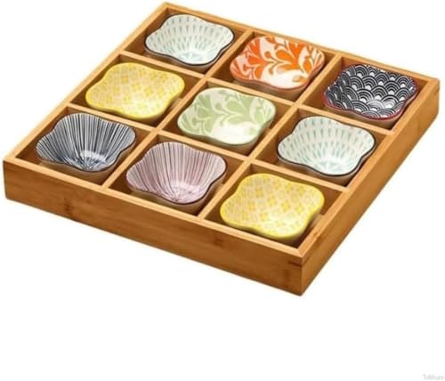 小皿セット 和風 9点セット 陶器 仕切り付き 深型 竹トレイ付き 前菜皿 盛り鉢 醤油皿 小鉢 和食器 セラミック 火鍋 焼肉 寿司 食洗機対応 天然木 調理器具 (32.5*32.5*5CM,南筑9グリッド+9 三角ソーサー)