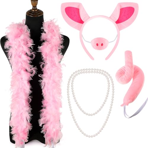 Haysandy 5 Pcs Pig Costume Accessories Set Pig Headband Animal Fancy Costume Kit for Adult Halloween Cosplay Party Dress up(Pink)