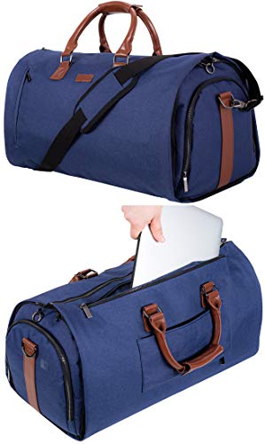 Prestige Weekender Bag and Suit Carrier 2in1 55L - Model for 2020 | Printed Lining, Laptop Pocket, Metal Zippers, Gift Box + Bonus | Suit Bag, Travel Duffel Bag for Men | Carry-on Garment (Navy Blue)