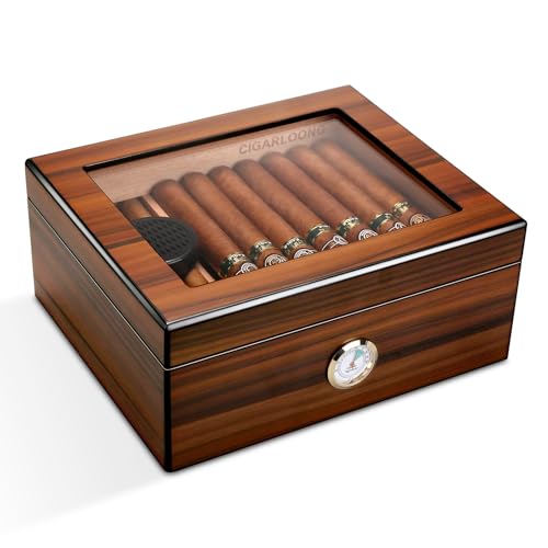 CIGARLOONG Humidor 45-56 en Verre Artisanal boîte de Rangement de Bureau en Bois de cèdre avec diviseur, humidificateur et hygromètre, Brun (Medium)
