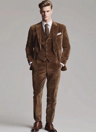 VENNYNG Men's 3 Piece Suits Corduroy Jacket Pants Vest Set Male Chic Single Breasted Blazer Outfit2