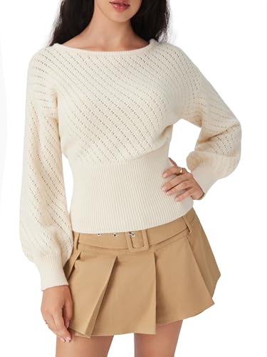 CIDER Women's Sweater Boat Neck Knit Sweater Balloon Sleeve for Women Knit Tops 2025 Fall4