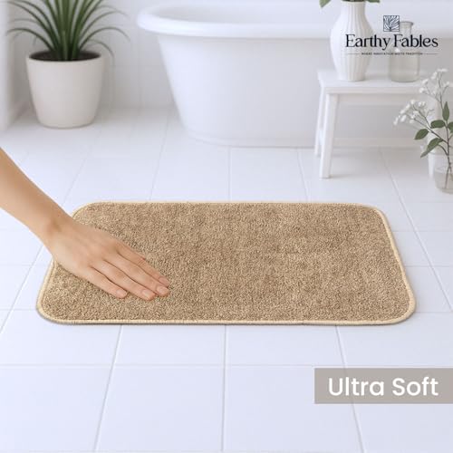 Image of Earthy Fables Soft Microfiber Bath Mat - Loop Pile, Quick Dry, Anti-Skid, Water Absorbent, Non-Slip, Machine Washable Floor Rug, Shower Mat, Door Mat for Bathroom, Bedroom, 60x40 cm - Beige
