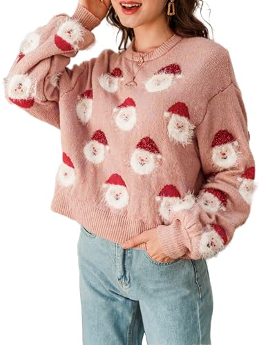 Miessial Women's Cute Santa Claus Christmas Sweater Soft Knit Adorable Holiday Sweaters 01-Pink Santa Medium