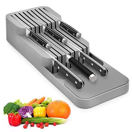 EUBSWA Messerblock Schublade für 9 Messer, Zweistufiger Messer Organizer mit Anti-Rutsch-Pad Besteckkasten für Schubladen oder Arbeitsfläche, Sicher Kompakt & Abnehmbar Cover