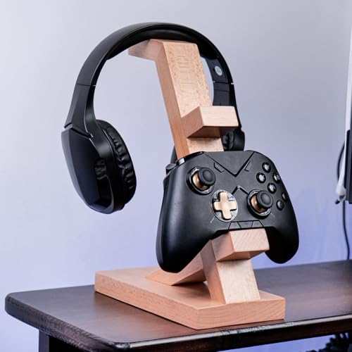 Soporte de madera para controladores y auriculares artesanal 2