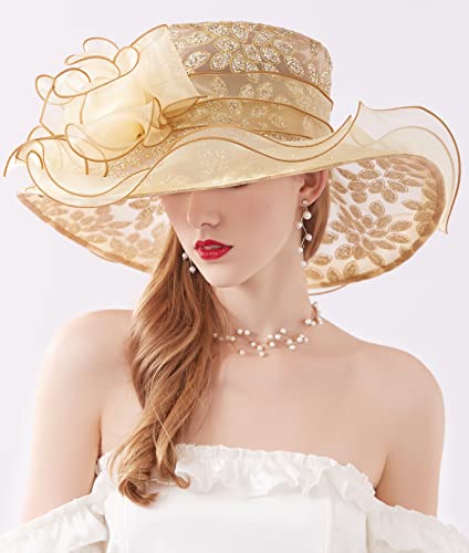 ELLYDOOR Kentucky Derby Hat Women Organza Fascinator Church Hat Bridal Wedding Tea Party Hat Wide Brim Sun Hat