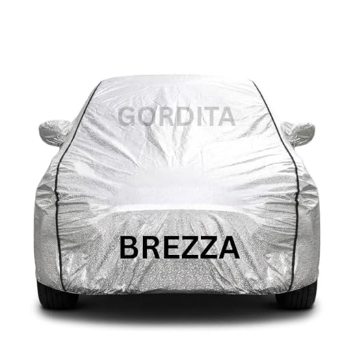 Image of Waterproof Car Body Cover for Brezza All Weather Protection Comes with Inner Cotton Lining & Triple Stitched with Mirror & Antenna Pocket Belt & Elastic Fit Metallic Silver with Black Piping2