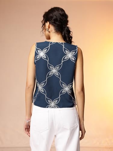 Image of Amazon Brand - INKAST Women Floral Textured Sleeveless Button-Down Vest with Pockets | V-Neck Waistcoat Blouse | Pointed Hem | Tunic Top
