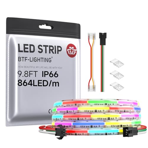 BTF-LIGHTING FCOB COB RGB WS2811 IC Addressable LED Strip DC24V 3m 864LEDs/M 12mm White PCB Chasing Colour Flexible High Density LED Rope IP66 Waterproof for Indoor Decoration(Only LED Strip)