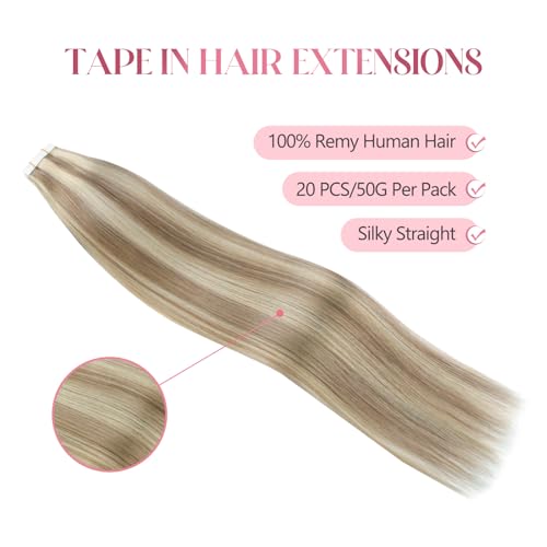 Image of Sixstarhair Seamless Tape In Hair Extensions Remy Human Hair Highlight Hair Extensions Color Swedish Blonde and Ash Blonde Piano Color For Beautiful Girl 50g /20 Pieces Pack [Color 20 /60 22inch]