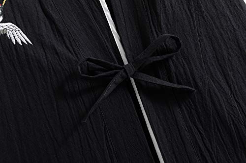 Image of Mens Japanese Kimono Cardigan Cotton Linen Haori Fashion 3 /4 Sleeve Yukata | Shawl Collar Kimono Jacket Robe Embroidery Patchwork Happi Coat Tie Pockets Lightweight Outerwear Daily Casual All Seasons