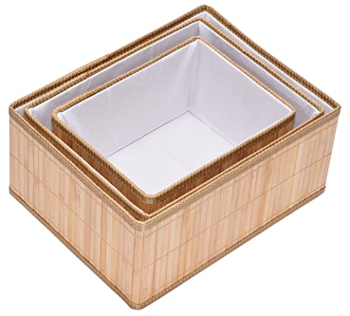 Bamboo Storage Baskets, Set Of 3; All-Natural Organizer Bins With Fabric Liner On Inside; Boxes Great For Kitchen, Pantry, Bathroom, Closets, Storage, Shelving, Toys; 3 Sizes: Small, Medium, Large #TOP2