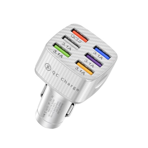 Augeny Car Charger Adapter, 6 USB Multi Port Fast Charger, Include QC 3.0 and 5 Other Ports, Auto Quick Charging Adapter for Most Cell Phones, Interior Car Accessories for SUV Truck (White)