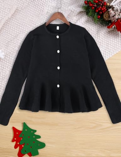 Image of Arssm Womens Button Down Peplum Sweater Cardigan Long Sleeve Crewneck Lightweight Ribbed Knit Top(Black-M)