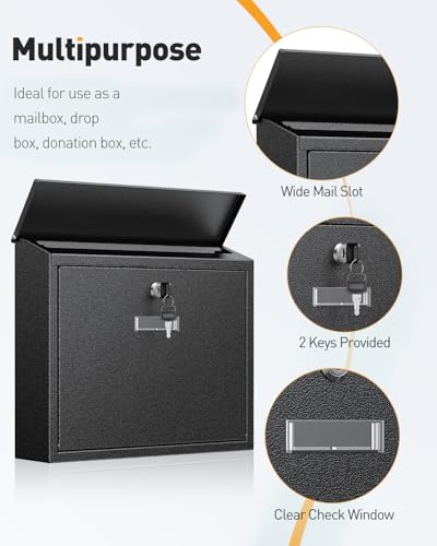Image of Uniclife Wall Mount Mailbox for Outside, Large Locking Mailbox with Key Lock, Security Mail Box, Postbox for House, Safe Key Drop Case, Steel Cash Drop Case for Home Office School, Black