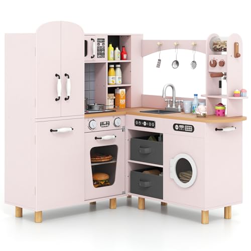 GOPLUS Cocina Juguete de Esquina para Niños, Juego de Cocina de Madera con Luz y Sonido, Fregadero, Refrigerador, Cafetera, Microondas, Lavadora, Accesorios, Cocinita Infantil para Niños de 3+ (Rosa)