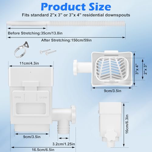 WADEO Rainwater Collection System, Downspout Diverter Fits for 2"x 3" or 3"x 4" Residential Downspouts, Rain Barrel Diverter Kit with Adjustable Valve and Filter, 5FT Hose, White - Thumbnail 6