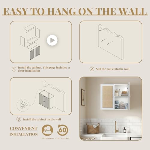 Image of Laundry Room Cabinets with Lights, 24INCH Bathroom Cabinets Wall Mounted with Adjustable Shelves, Rattan Wall Cabinet for Bedroom, Kitchen, Bathroom (2PCS, White)