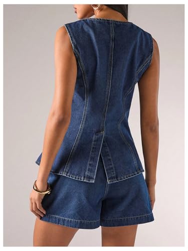 WDIRARA Women's Button Down Denim Vest Sleeveless Tank Top Jean Waistcoat with Metal Buckle3