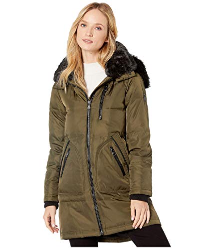 Vince Camuto Faux Fur Collar Down Coat Olive MD (US 8-10)