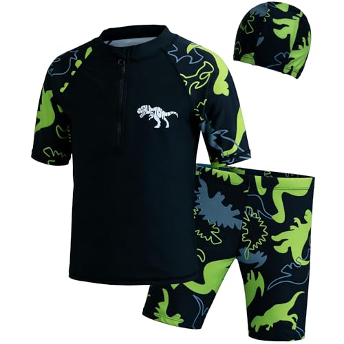 LUCKYLI Boys Swim Set UPF50+ Long Sleeve Zip Shirt & Swim Trunks 4-Way Stretch Quick Dry Beachwear for Swim Lessons Beach & Water Parkfor Toddler Little Boys 4Y-12Y Black