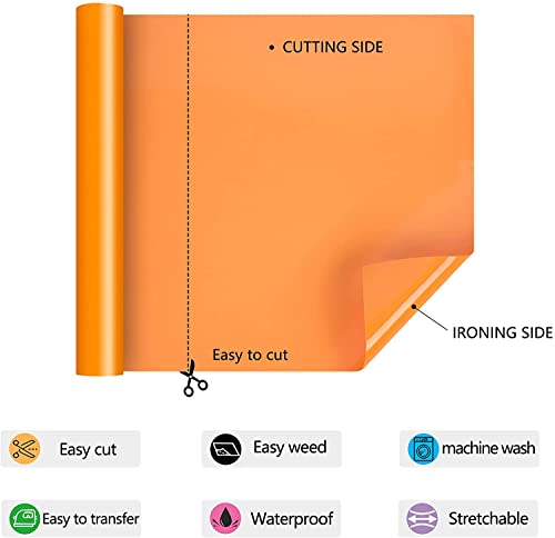 Image of HTV Iron on Vinyl 12Inch by 25ft Roll HTV Heat Transfer Vinyl for T-Shirt HTV Vinyl Rolls for All Cutter Machine - Easy to Cut & Weed for Heat Vinyl Design (Orange, 25ft)