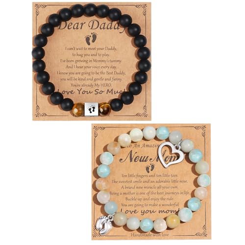 MOZAKA 2Pcs New Mom & Dad Gifts Healing Natural Stone Bracelets for Women Men, First Time Mom & Dad Essentials, Mother's Day Pregnancy Gifts for Expectant Moms