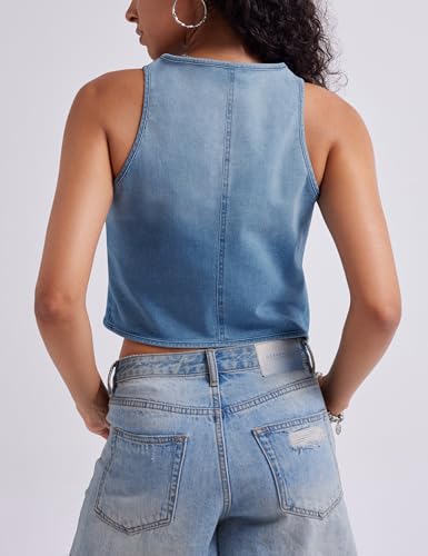 Womens Denim Vest Crop Sleeveless V Neck Denim Top Retro Tie Up Front Jean Vest3