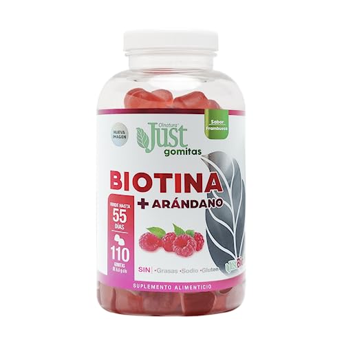 Colágeno, Drugstore Biotina Premium + Arándano JustBio H 110 gomitas, Sabor Frambuesa.
