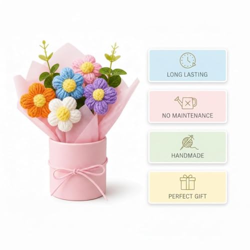 Image of Colorful Handmade Mini Flower Bouquet Gift - Crochet Artificial Flowers in Pot | Cute Bright Desk Decor | Birthday, Anniversary, Return Gift for Women & Girls | Long Lasting Floral Decoration