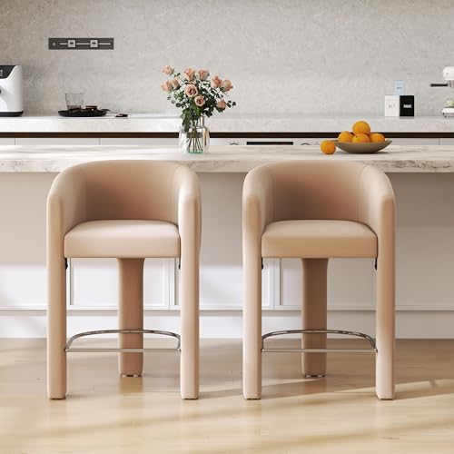 HNY Modern Barrel Bar Stools Set of 2, 26 Inch Upholstered Velvet Counter Height Barstools with Open Back and Armrests, for Kitchen Island, Home Bar, Dining Room, No Assembly, Black