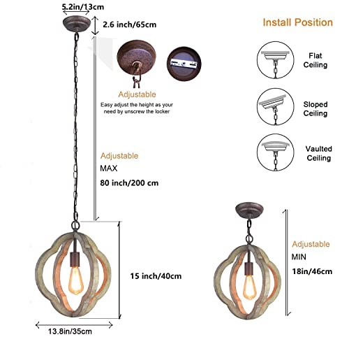 Vintage Orb Chandeliers Wood Indoor Chandeliers Wooden Pendant Light Fixtures 1Xe26 Lamp Holder Dia. 13.8 Inch #TOP1