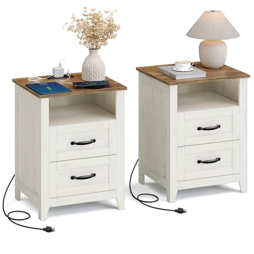 VASAGLE LIRY Collection - Farmhouse Nightstands with Charging Station Set of 2 Bedside Tables Side Tables with 2 Drawers Open Compartment for Bedroom Rustic White and Honey Brown ULET869W01
