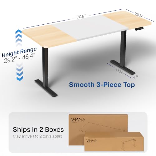 Image of VIVO White /Light Wood 71 x 30 in Standing Desk, DESK-KIT-1B7WC | Electric, Holds 220 lbs, Sit Stand, Height Adjustable, Extra Deep Table Top, Memory Presets, 1B Series, Black Frame
