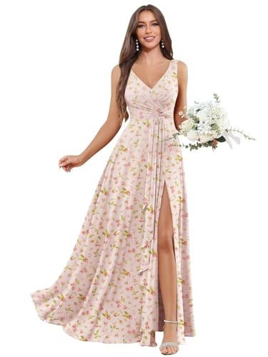 Image of BOLENSYE Bridesmaid Dresses Long Ruched Ruffles Chiffon A Line Evening Party Gown with Pockets Slit