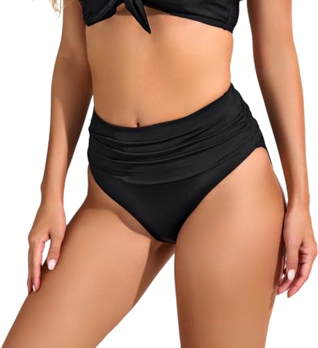 Image of COCOPEAR Full Coverage Bikini Bottoms for Women Mid Rise Bathing Suit Bottoms for Women Ruched Tummy Control Swim Bottoms