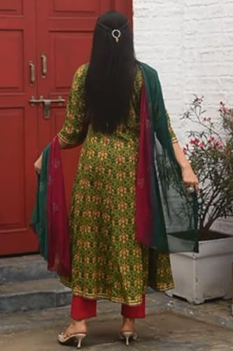 Rajnandini Women's Pure Cambric Cotton Embroidered Kurta Set with Dupatta (JOPLVL213-P_Green & Red)